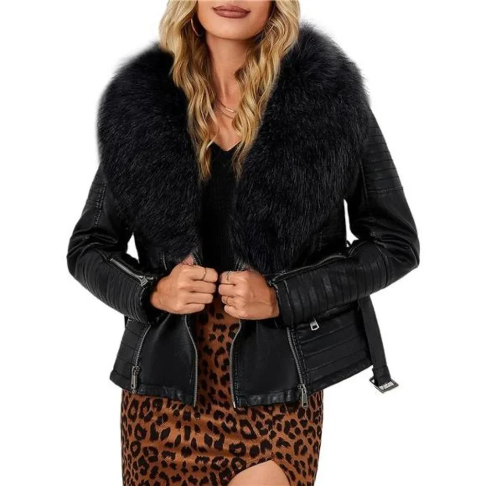 Black Faux Fur Leather Belted Motorcycle Bomber Jacket Sherpa Winter Biker Coat - Picture 6 of 10